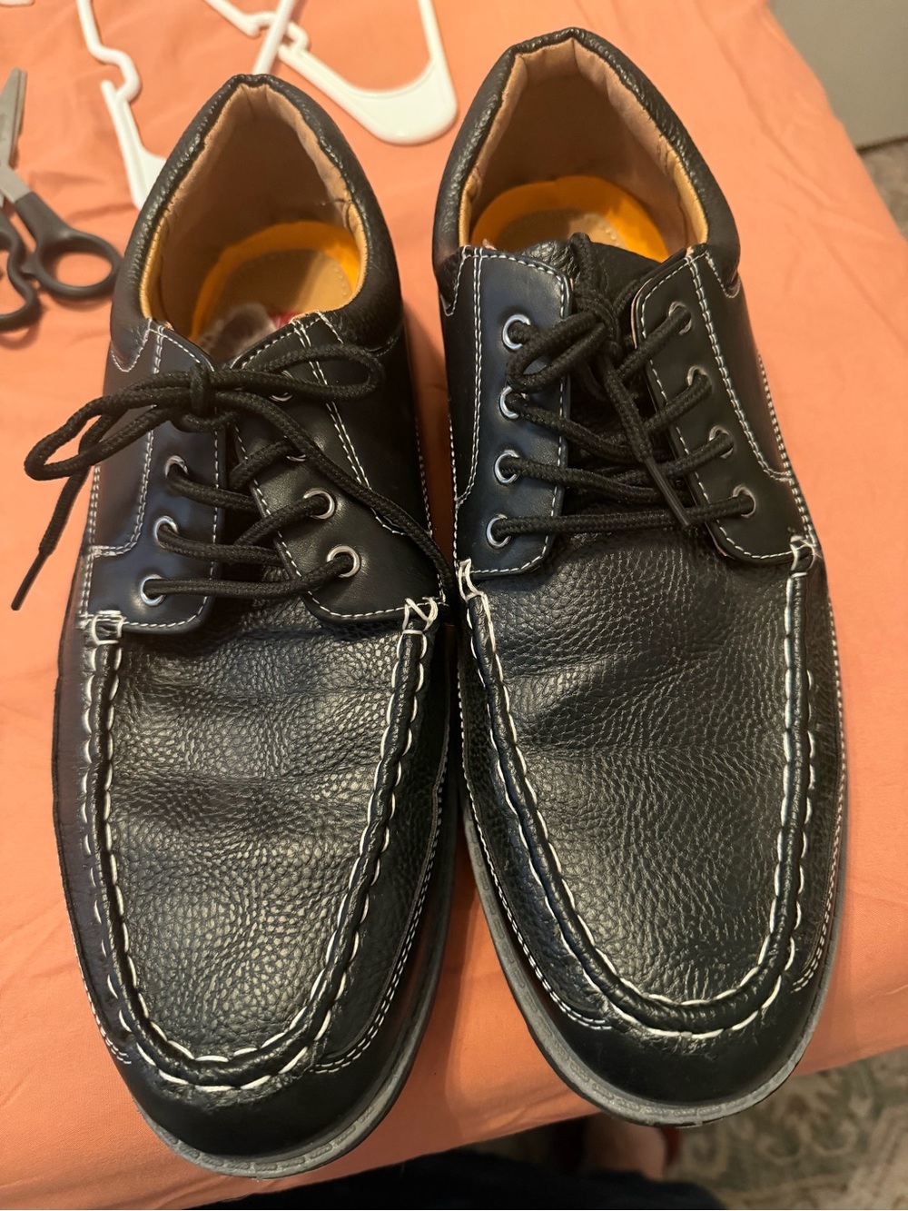 solo Black Leather Boat Shoes with White Contrast Stitching